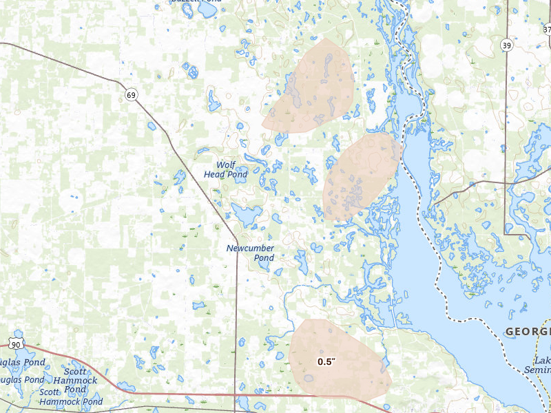 Radar-estimated hail-size map of the storm over Sneads, FL on Aug 19, 2026