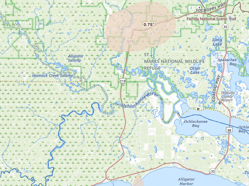 Radar-estimated hail-size map of the storm over Sopchoppy, FL on Jul 17, 2026