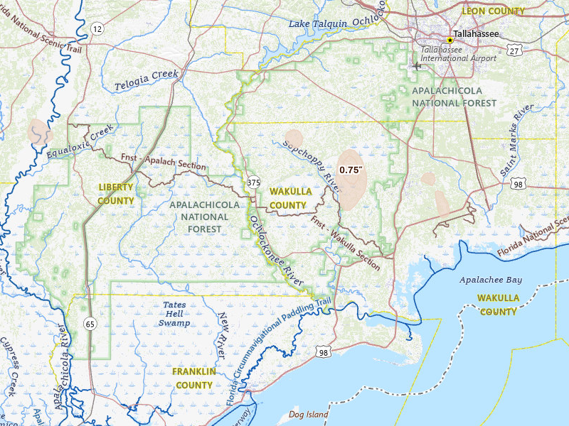 Radar-estimated hail-size map of the storm over Sopchoppy, FL on Jul 27, 2026