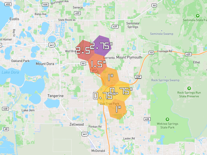 Hail map of Sorrento, FL on Jun 27, 2026, hail up to 2.75"