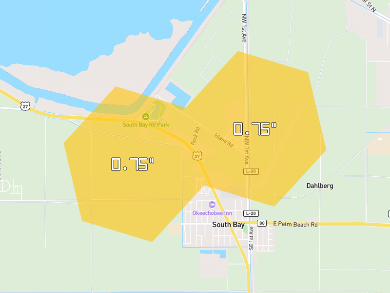 Hail map of South Bay, FL on Jul 6, 2026, hail up to 0.75"