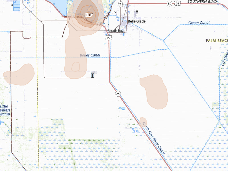 Radar-estimated hail-size map of the storm over South Bay, FL on Aug 20, 2026