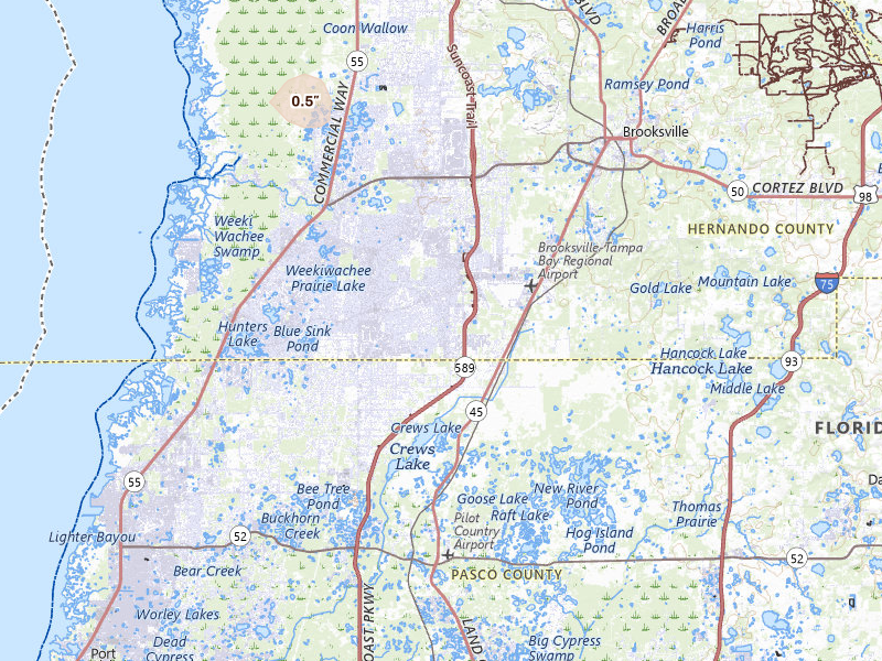 Radar-estimated hail-size map of the storm over Spring Hill, FL on May 19, 2026