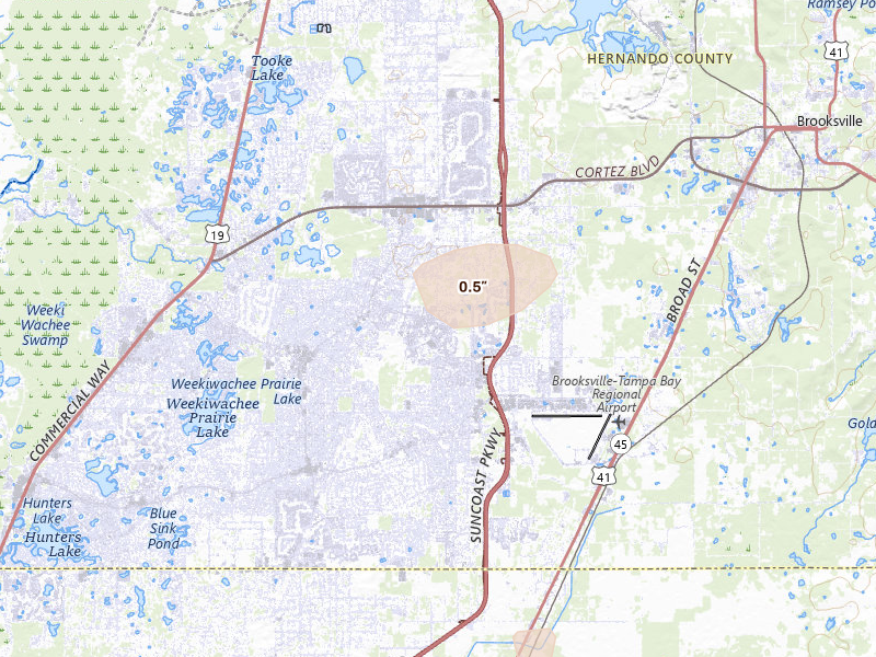 Radar-estimated hail-size map of the storm over Spring Hill, FL on Jun 25, 2026