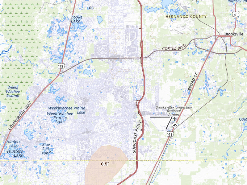 Radar-estimated hail-size map of the storm over Spring Hill, FL on Jun 30, 2026