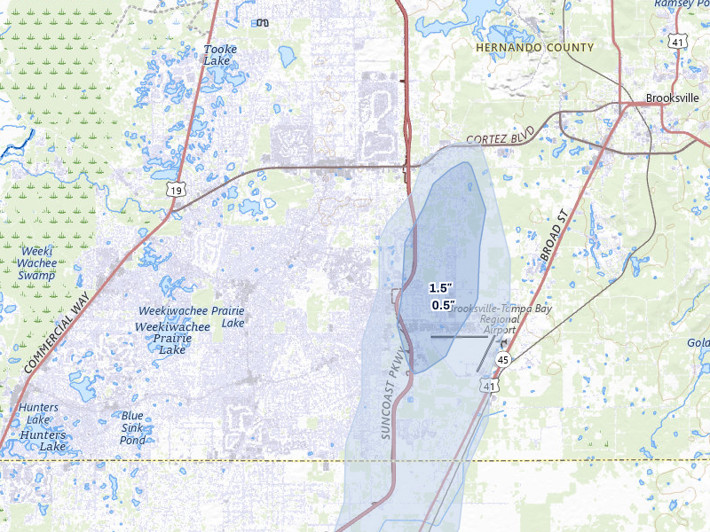 NEXRAD radar-signature map of the hail storm over Spring Hill, FL on Jul 11, 2026
