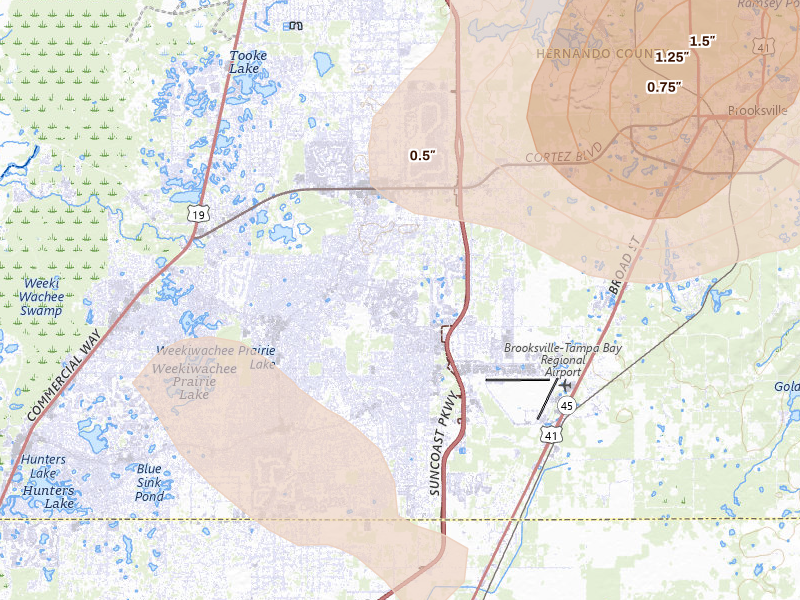 Radar-estimated hail-size map of the storm over Spring Hill, FL on Jul 17, 2026
