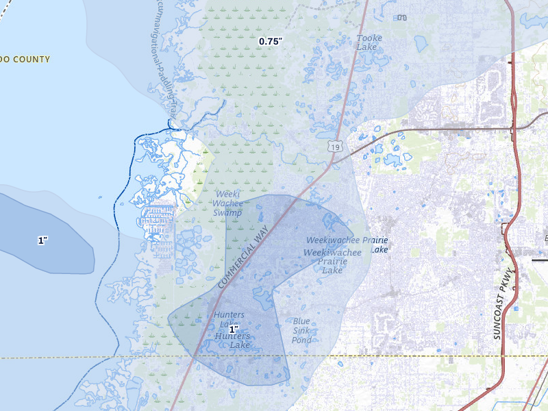 NEXRAD radar-signature map of the hail storm over Spring Hill, FL on Aug 19, 2026