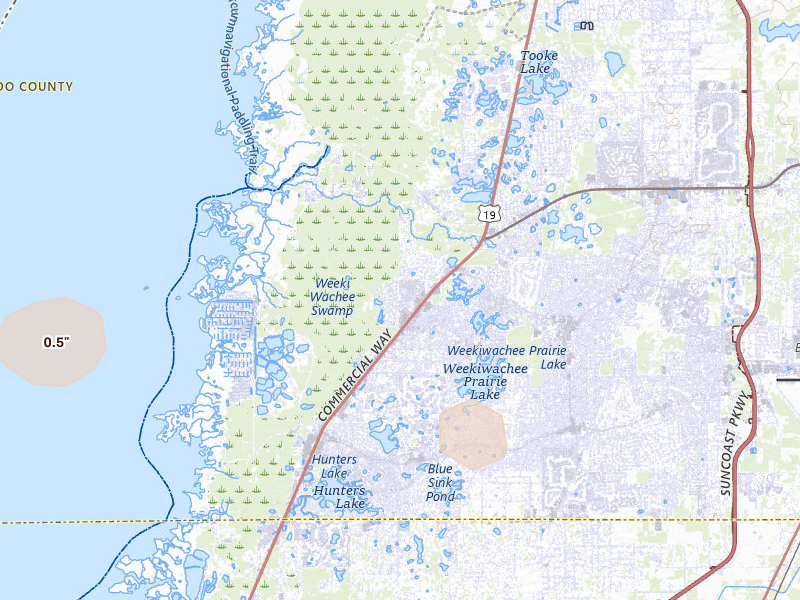Radar-estimated hail-size map of the storm over Spring Hill, FL on Aug 29, 2026
