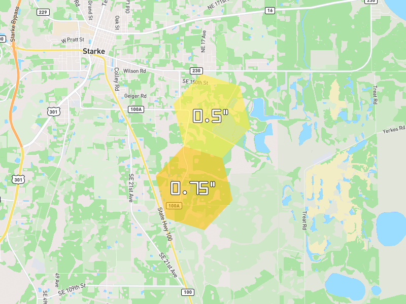 Hail map of Starke, FL on Jun 26, 2026, hail up to 0.75"