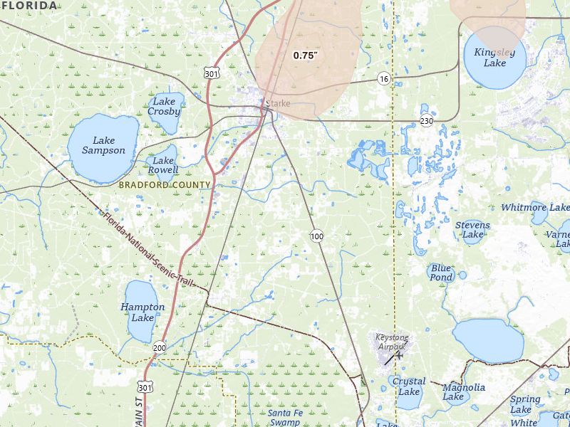 Radar-estimated hail-size map of the storm over Starke, FL on Jul 25, 2026