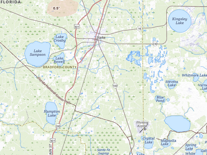 Radar-estimated hail-size map of the storm over Starke, FL on Jul 28, 2026