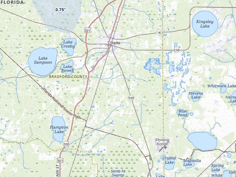 NEXRAD radar-signature map of the hail storm over Starke, FL on Jul 28, 2026