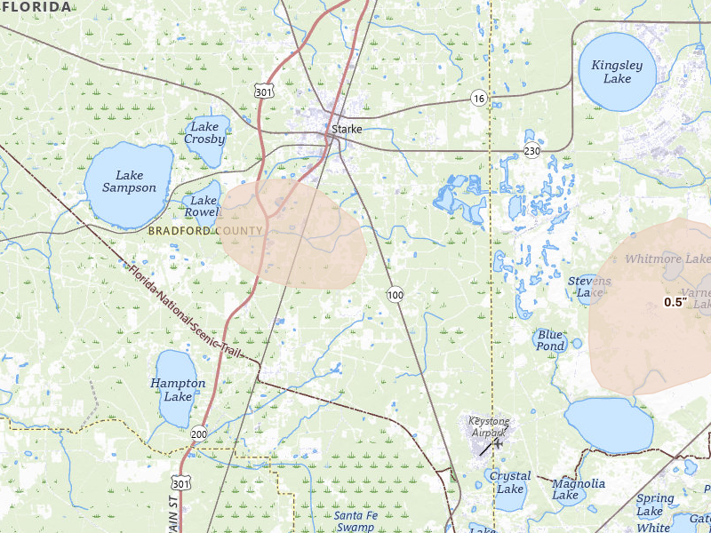 Radar-estimated hail-size map of the storm over Starke, FL on Jul 30, 2026