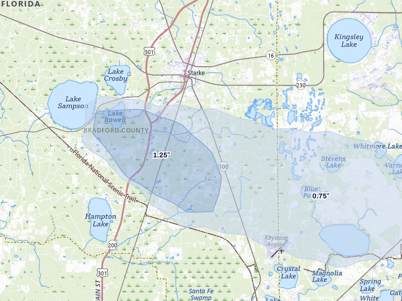 NEXRAD radar-signature map of the hail storm over Starke, FL on Jul 30, 2026