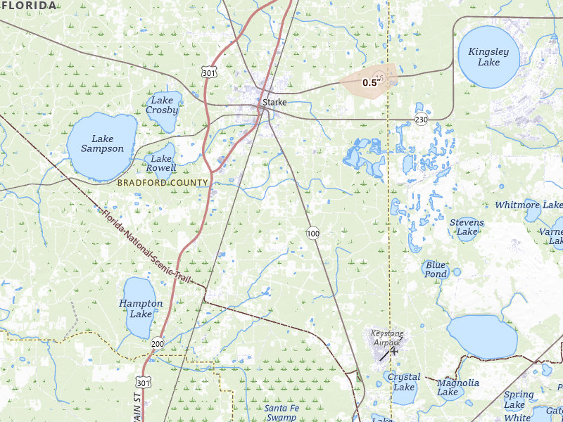 Radar-estimated hail-size map of the storm over Starke, FL on Jul 31, 2026