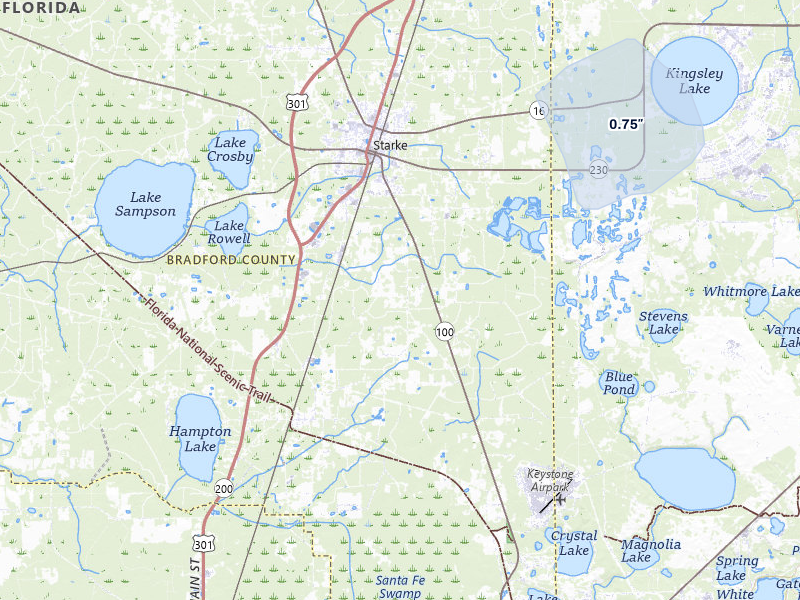 NEXRAD radar-signature map of the hail storm over Starke, FL on Jul 31, 2026