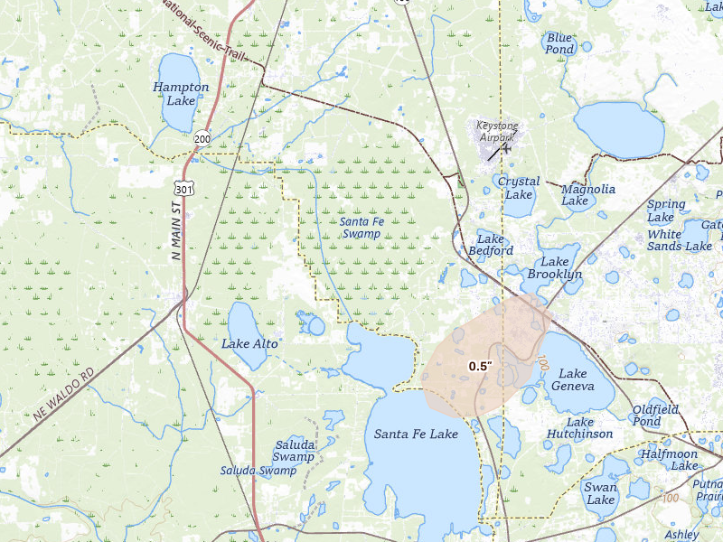 Radar-estimated hail-size map of the storm over Starke, FL on Aug 9, 2026