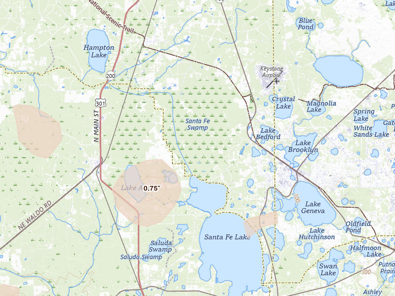 Radar-estimated hail-size map of the storm over Starke, FL on Aug 19, 2026
