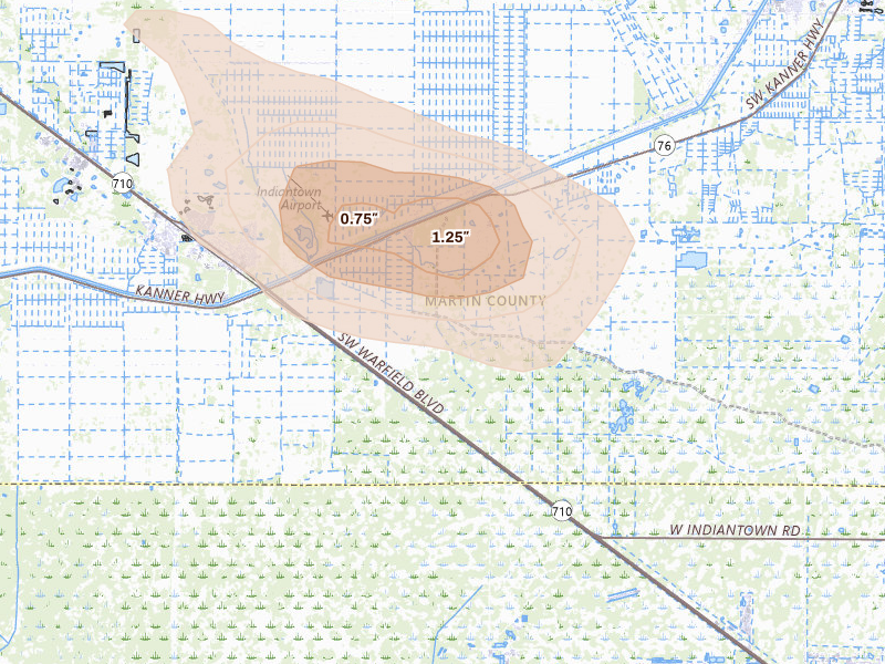 Radar-estimated hail-size map of the storm over Stuart, FL on Feb 28, 2026