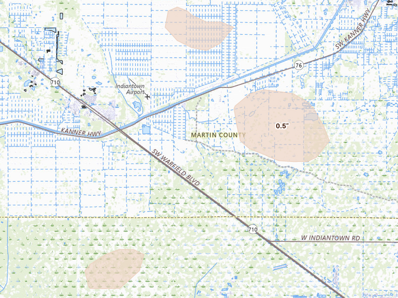 Radar-estimated hail-size map of the storm over Stuart, FL on Jun 2, 2026