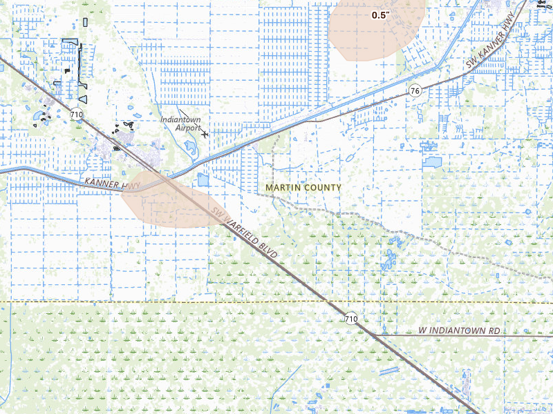 Radar-estimated hail-size map of the storm over Stuart, FL on Jun 22, 2026