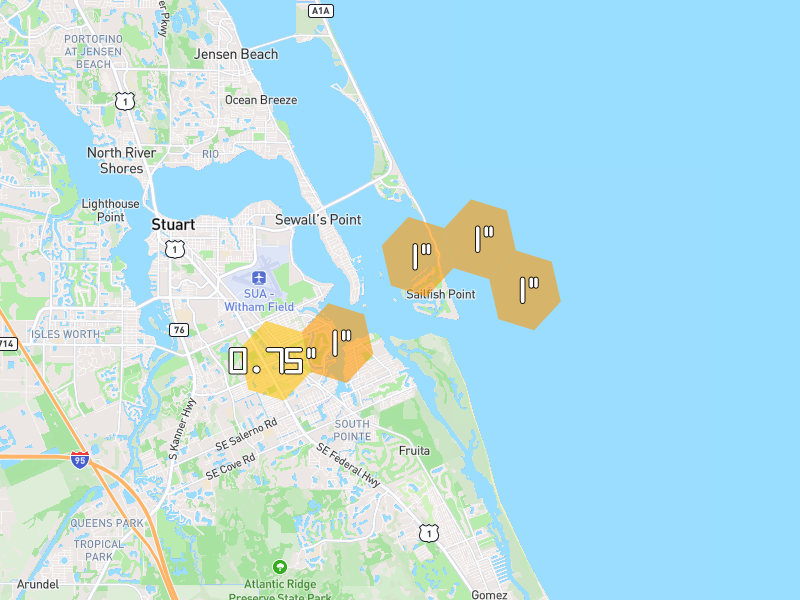 Hail map of Stuart, FL on Jul 12, 2026, hail up to 1"