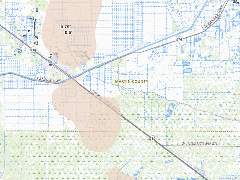 Radar-estimated hail-size map of the storm over Stuart, FL on Jul 26, 2026