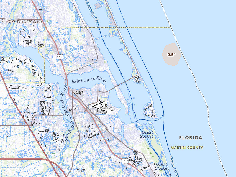 Radar-estimated hail-size map of the storm over Stuart, FL on Jul 31, 2026
