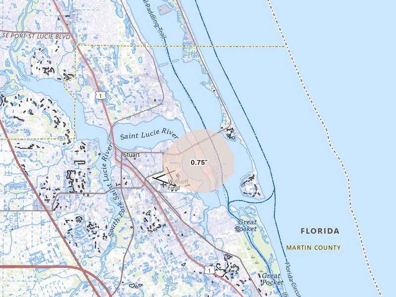 Radar-estimated hail-size map of the storm over Stuart, FL on Aug 12, 2026