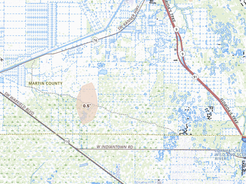 Radar-estimated hail-size map of the storm over Stuart, FL on Aug 19, 2026