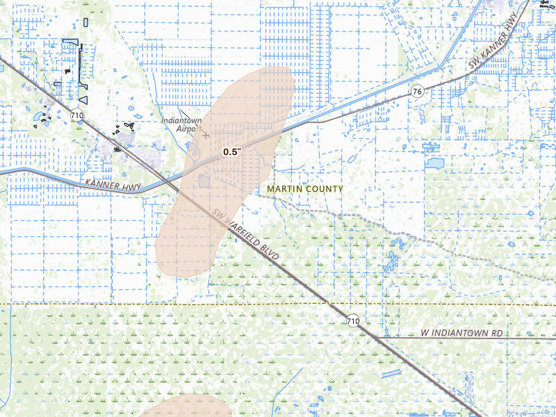 Radar-estimated hail-size map of the storm over Stuart, FL on Aug 21, 2026