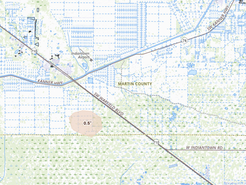 Radar-estimated hail-size map of the storm over Stuart, FL on Aug 28, 2026