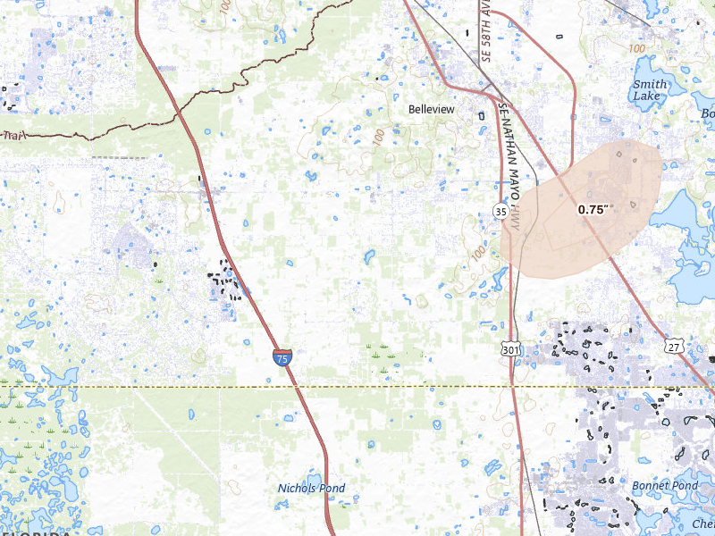 Radar-estimated hail-size map of the storm over Summerfield, FL on Jun 28, 2026
