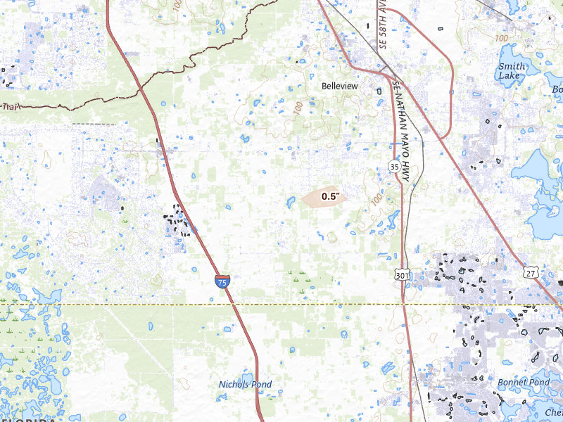 Radar-estimated hail-size map of the storm over Summerfield, FL on Jul 9, 2026