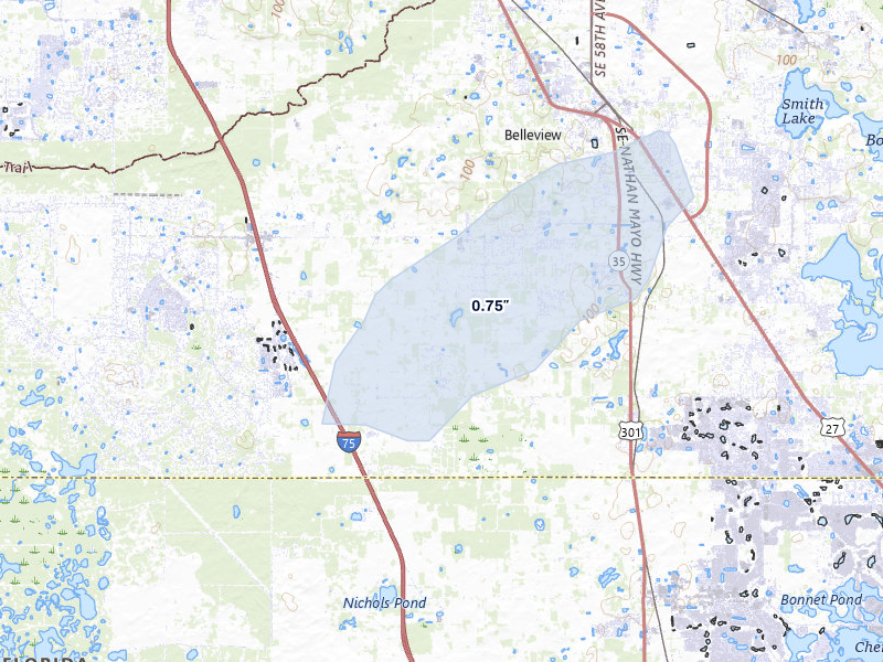 NEXRAD radar-signature map of the hail storm over Summerfield, FL on Jul 9, 2026