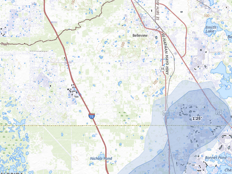 NEXRAD radar-signature map of the hail storm over Summerfield, FL on Jul 25, 2026
