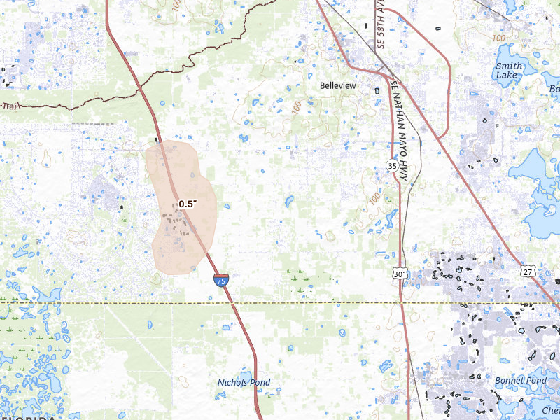 Radar-estimated hail-size map of the storm over Summerfield, FL on Aug 5, 2026