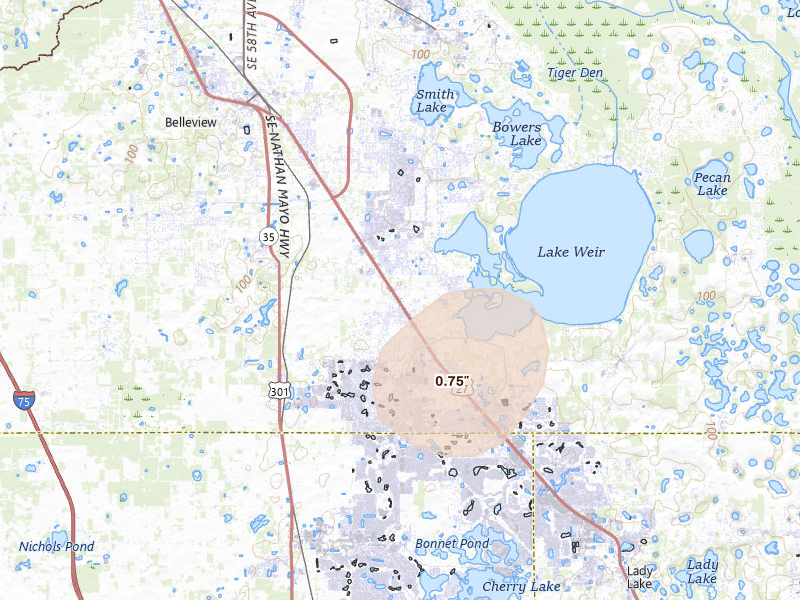 Radar-estimated hail-size map of the storm over Summerfield, FL on Aug 8, 2026