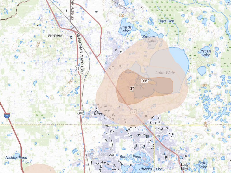 Radar-estimated hail-size map of the storm over Summerfield, FL on Aug 19, 2026