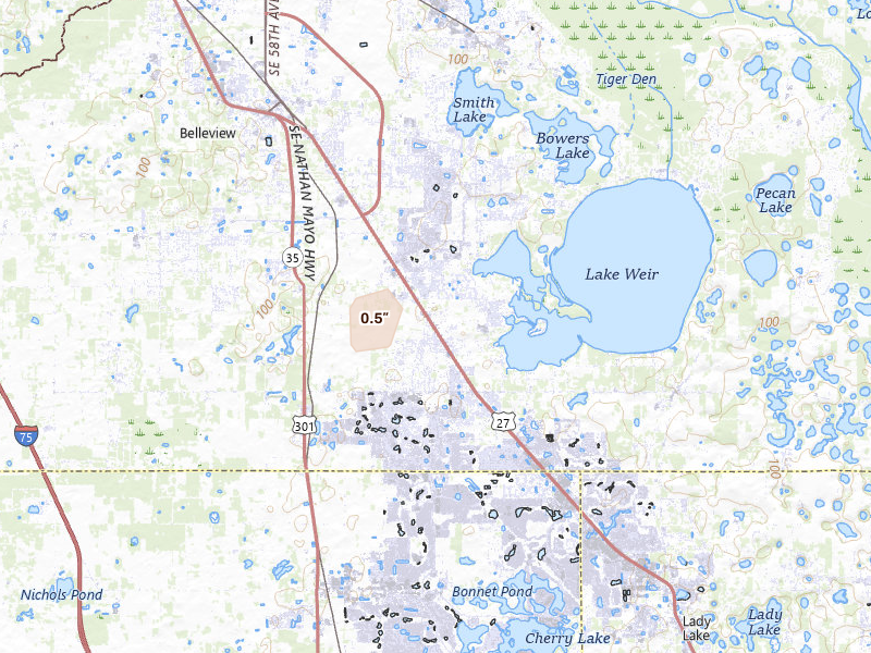 Radar-estimated hail-size map of the storm over Summerfield, FL on Aug 29, 2026
