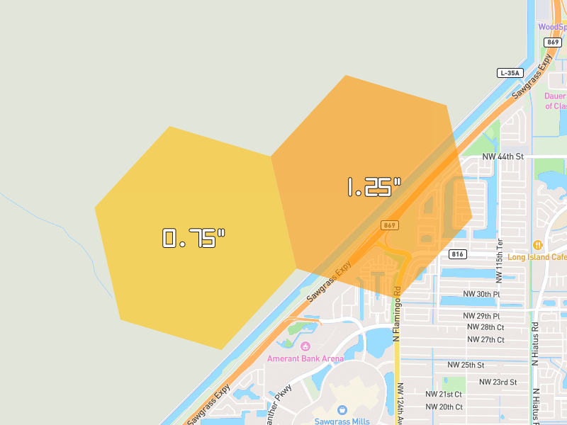 Hail map of Sunrise, FL on Jul 1, 2026, hail up to 1.25"