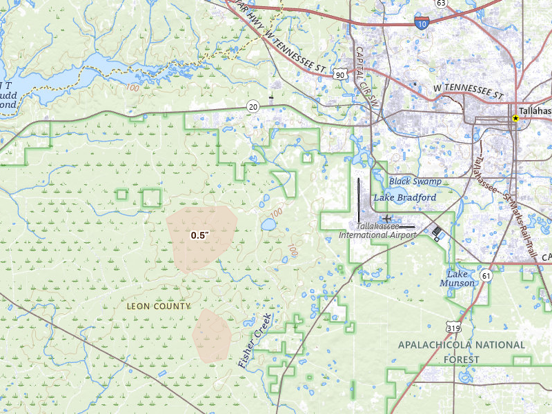 Radar-estimated hail-size map of the storm over Tallahassee, FL on Jun 23, 2026
