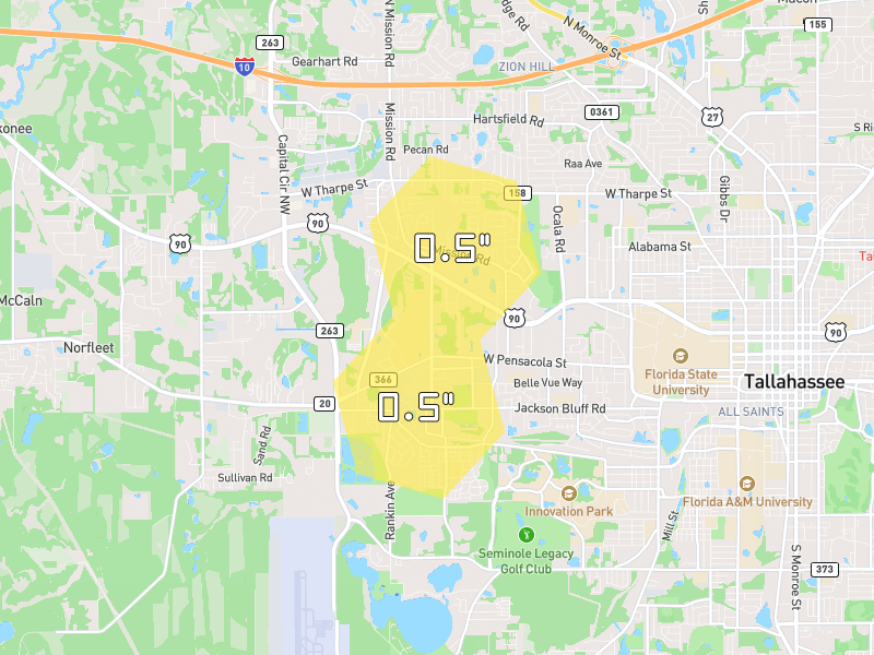Hail map of Tallahassee, FL on Jul 5, 2026, hail up to 0.5"
