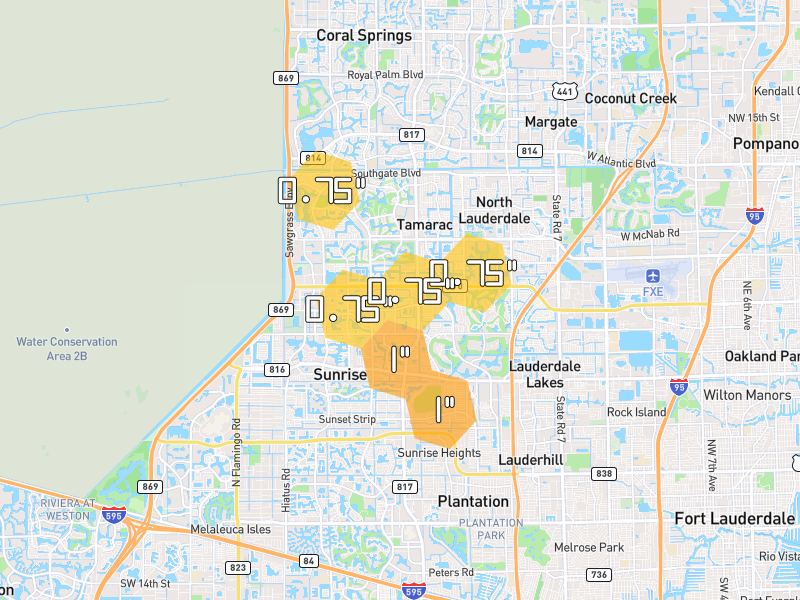 Hail map of Tamarac, FL on Jul 6, 2026, hail up to 1"