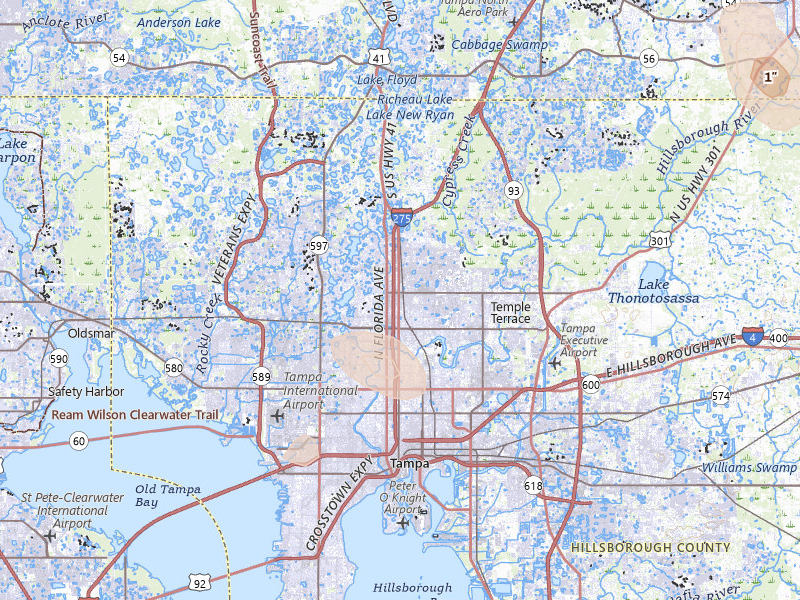 Radar-estimated hail-size map of the storm over Tampa, FL on May 17, 2026