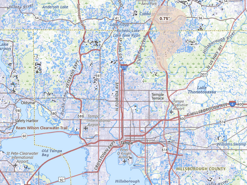 Radar-estimated hail-size map of the storm over Tampa, FL on May 23, 2026