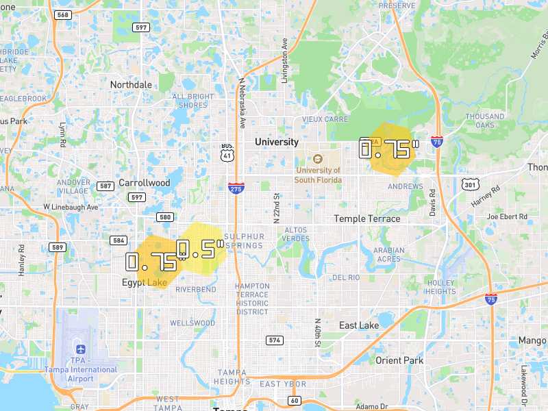 Hail map of Tampa, FL on Jun 29, 2026, hail up to 0.75"
