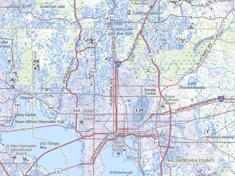 NEXRAD radar-signature map of the hail storm over Tampa, FL on Jul 9, 2026