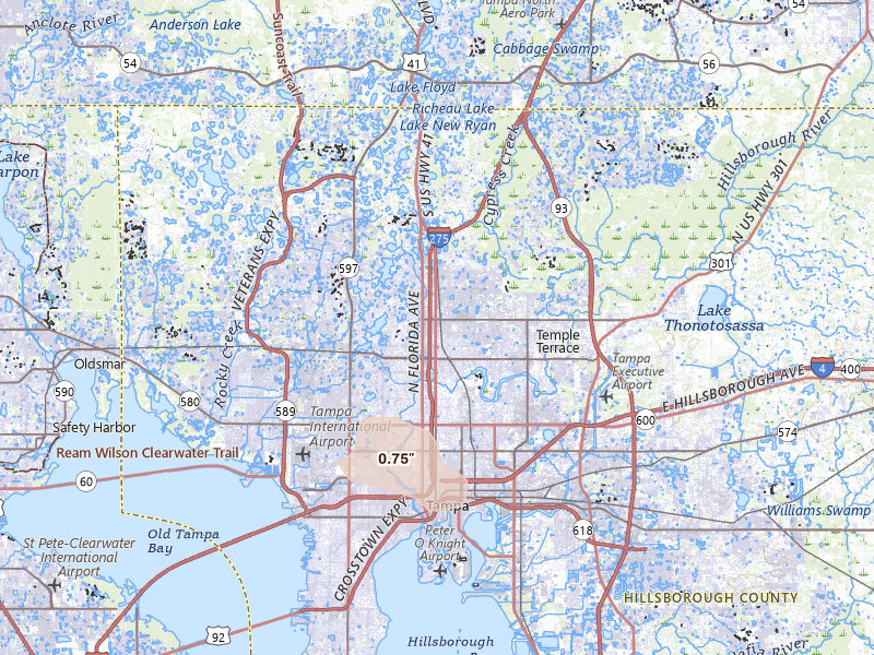 Radar-estimated hail-size map of the storm over Tampa, FL on Jul 24, 2026